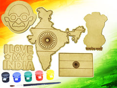 American Elm India Independence Day Craft Kit India Map Gandhi & 4 Patriotic Wooden Cutouts with Paints for Kids DIY Projects