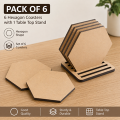 Hexagon MDF Coasters for DIY Art & Craft, Painting, Resin Art & Lippan Work, Pack of 6 with Stand, Cliths