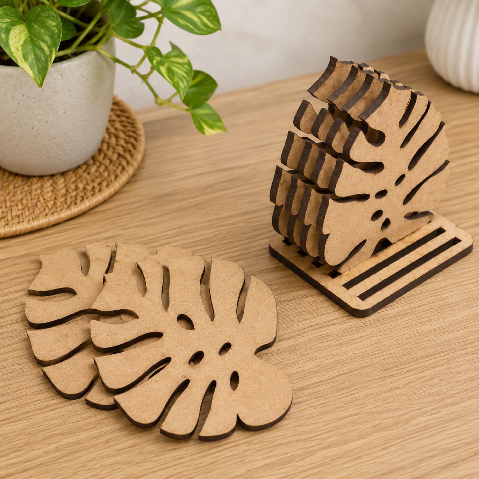 wooden monstera leaf coasters for lippan art