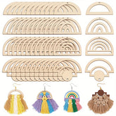 Set of wooden earring hooks and rainbow-shaped earrings with tassels.