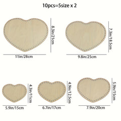 American Elm 10 Piece Heart Basket Base Set 5 Sizes MDF Weaving Foundations for Crochet & DIY Home Décoration