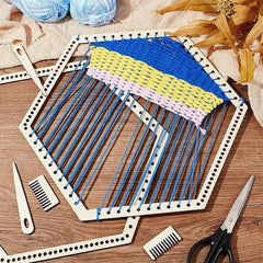Cliths 2 Sets Wooden Hexagon Weaving Loom Kit with Comb and Teardrop Needle for Beginners DIY Tapestry Frame Yarn Art Jewelry Making Knitted Crafts