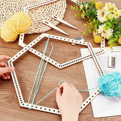 Cliths 2 Sets Wooden Hexagon Weaving Loom Kit with Comb and Teardrop Needle for Beginners DIY Tapestry Frame Yarn Art Jewelry Making Knitted Crafts