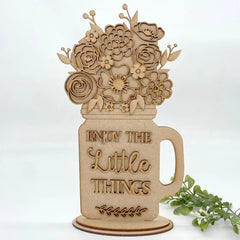 American Elm 3D Layered Flower Jar Craft Kit - 29x16.5 cm DIY Wooden Mason Jar Decoration with Enjoy the Little Things 2.7mm MDF (11.41x6.49 Inch)