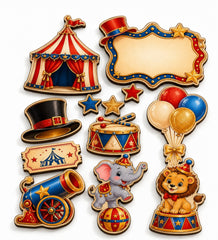 Set of 10 Circus Theme Printed MDF Cutouts for Kids Birthday and Photo Booth Backdrop Elephant Lion Tent Balloons Decor Ready to Hang American Elm