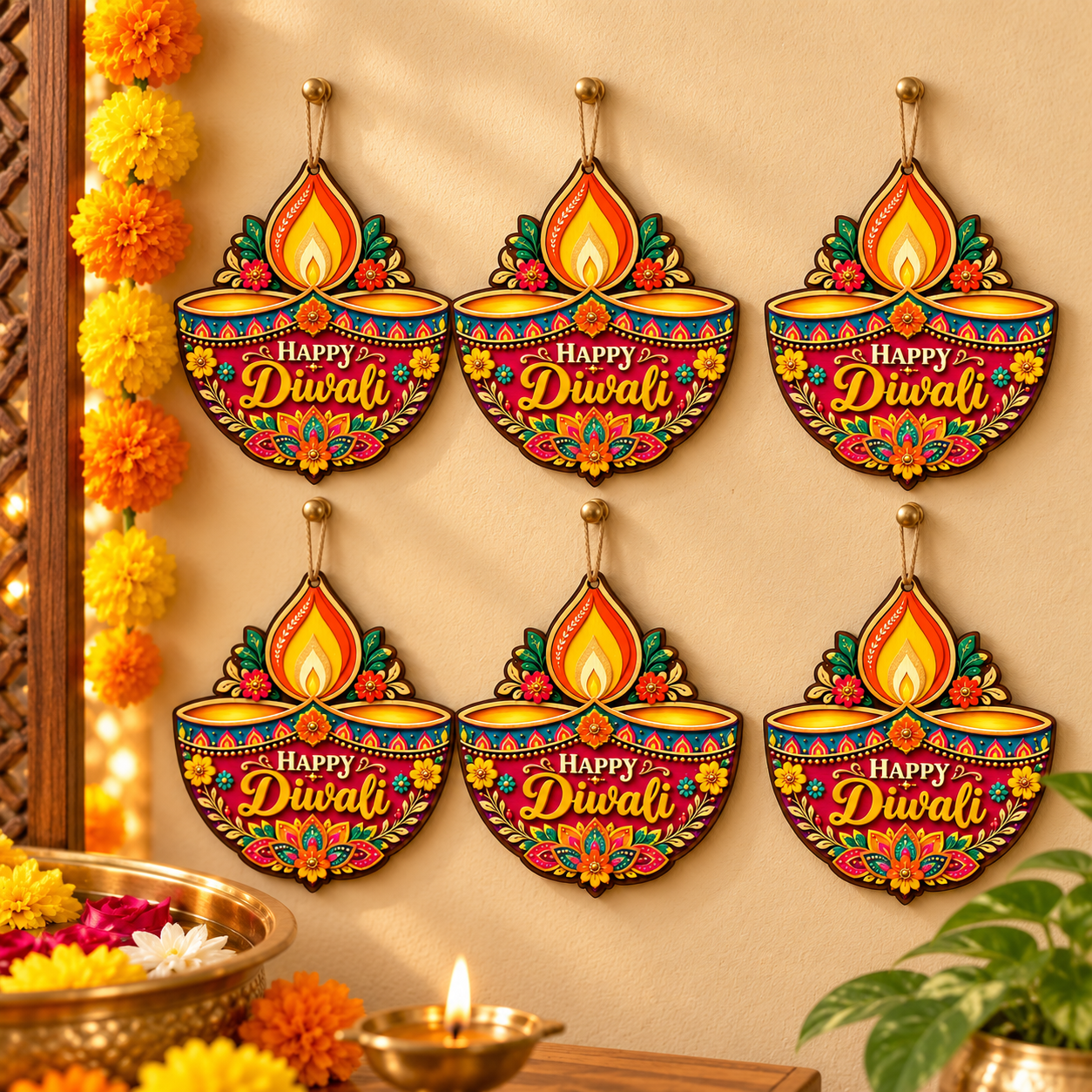 happy diwali diya wooden cutout