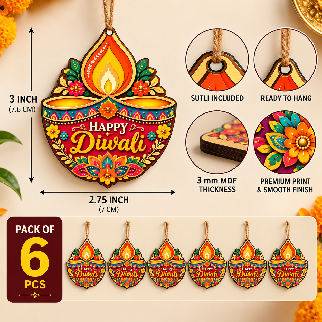 happy diwali diya printed