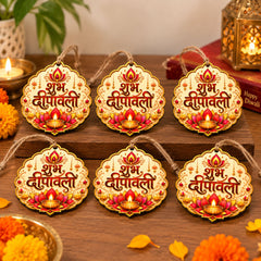 Happy Diwali Wooden Printed MDF Craft Base for DIY Art & Craft, Hindi Diwali Decoration Cutout, Wall Hanging & Festive DIY, Pack of 6 Cliths