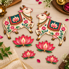 Cow with Lotus MDF Wooden Printed Hanging Cutout for DIY Art & Craft, Festive Craft Base for Painting & Decoration, Pack of 8, Cliths