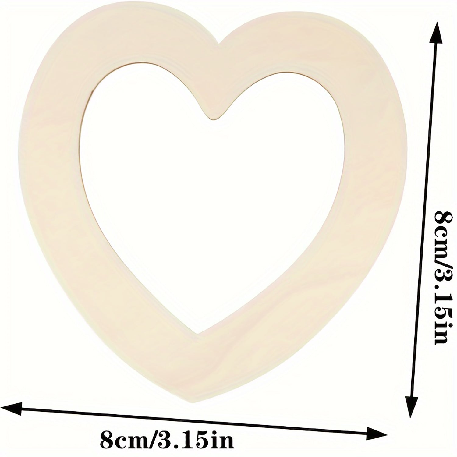 Heart-shaped wooden cutout with dimensions indicated on a white background