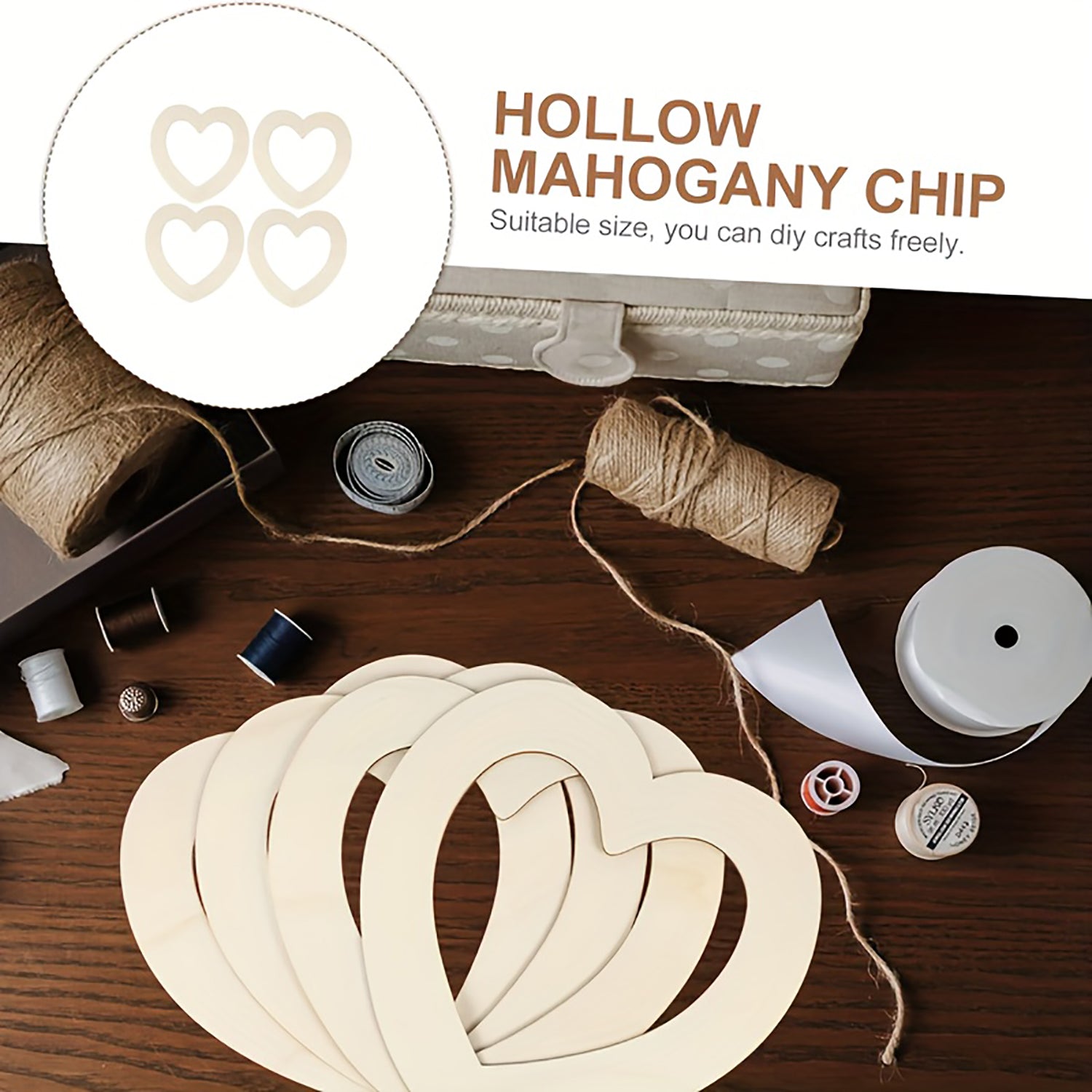 Wooden heart-shaped chips with craft materials on a wooden surface