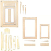Set of wooden embroidery tools including frames and needles on a white background