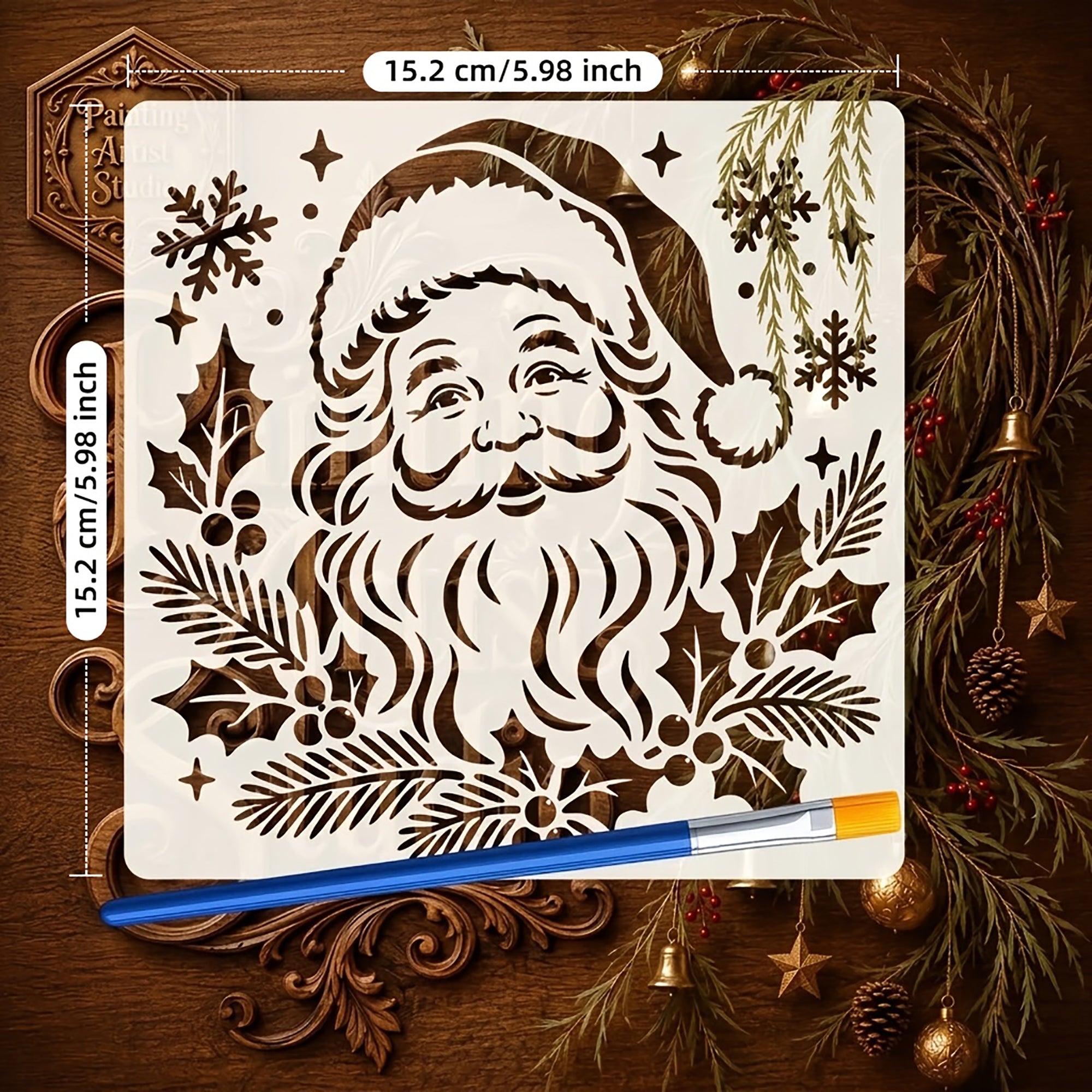 reusable santa claus painting stencil with pine branches