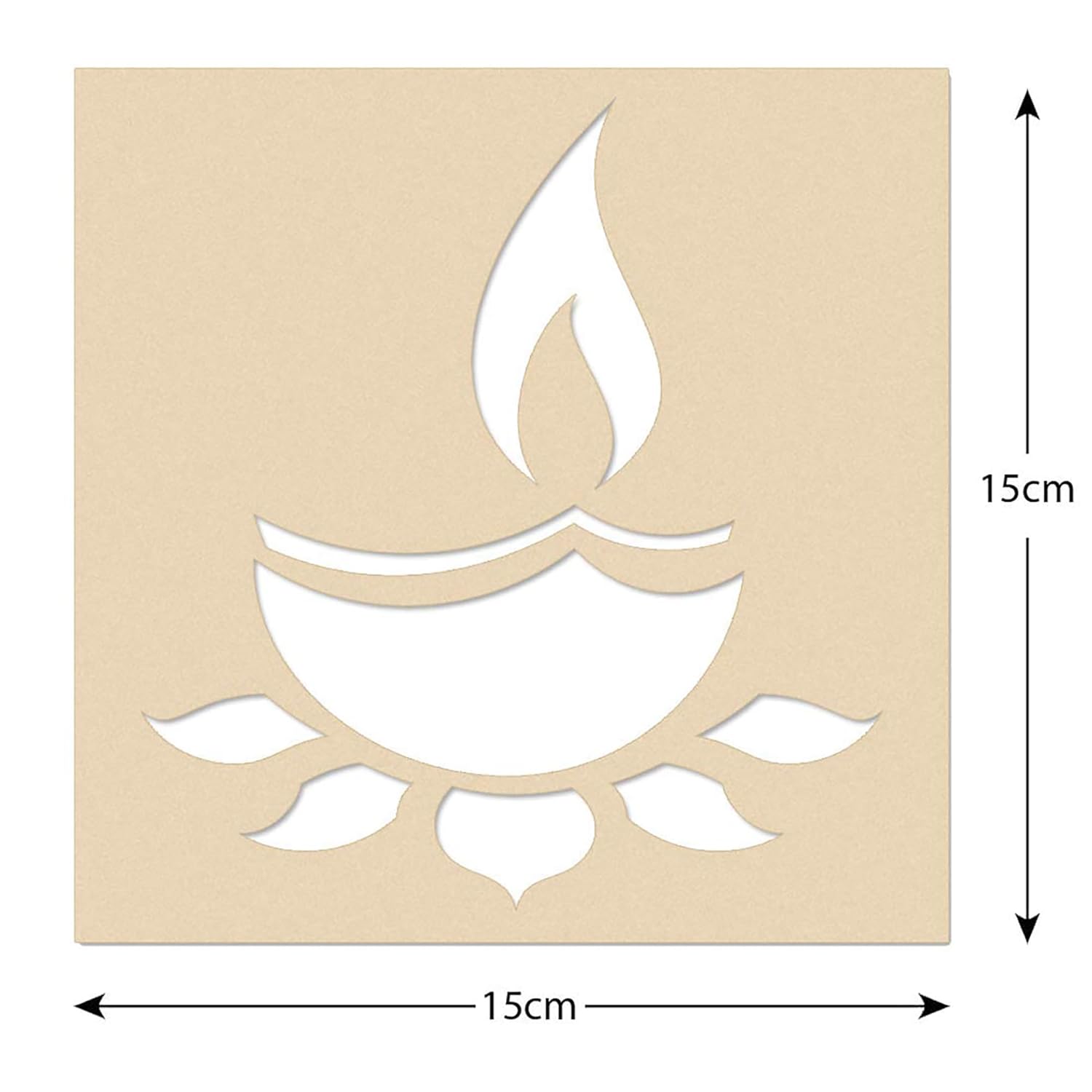 Wooden decorative panel with cut-out design and dimensions on a beige background