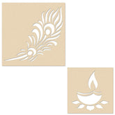 Two wooden stencils with feather and candle designs on a beige background