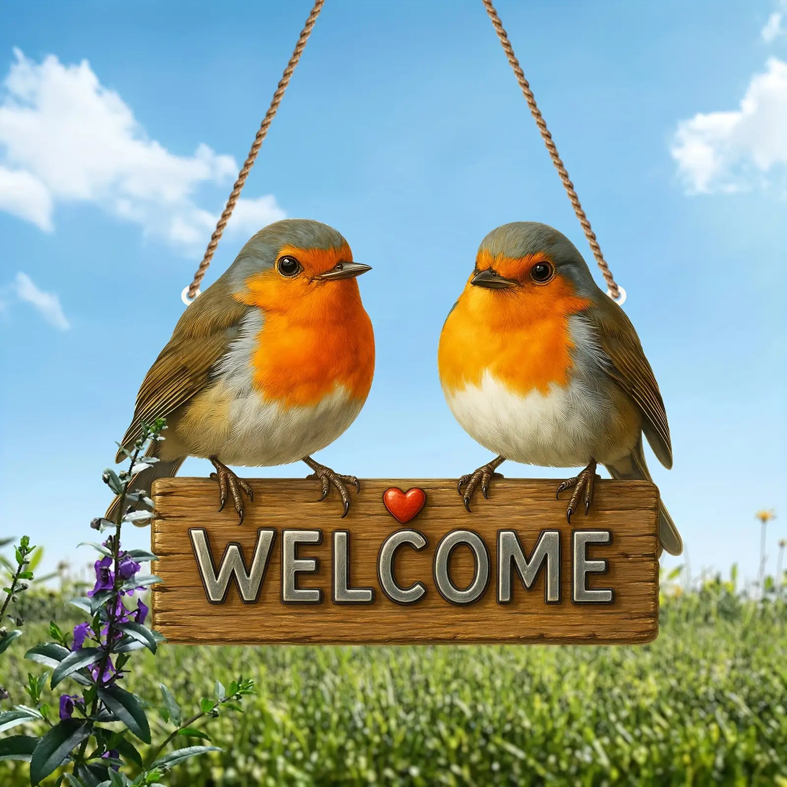 cute Robin birds welcome hanging sign