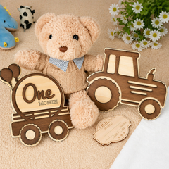 American Elm Baby Monthly Milestone Tractor Sign Set | Wooden Farm Theme Baby Milestone Cards | Baby Shower Gift