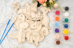 American Elm Set of 10 DIY Wooden Unfinished Dinosaur Painting Kit for Kids - Creative Dinosaur & Landscape Craft Set with Brushes & Colors - DIY Paint Set for Kids