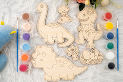 American Elm Set of 10 DIY Wooden Unfinished Dinosaur Painting Kit for Kids - Creative Dinosaur & Landscape Craft Set with Brushes & Colors - DIY Paint Set for Kids