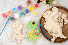 American Elm Set of 10 DIY Wooden Unfinished Dinosaur Painting Kit for Kids - Creative Dinosaur & Landscape Craft Set with Brushes & Colors - DIY Paint Set for Kids