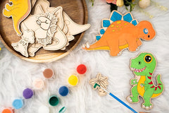 American Elm Set of 10 DIY Wooden Unfinished Dinosaur Painting Kit for Kids - Creative Dinosaur & Landscape Craft Set with Brushes & Colors - DIY Paint Set for Kids