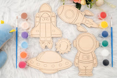 American Elm Set of 10 DIY Wooden Space Astronaut Painting Kit for Kids - Creative Wooden Toys DIY Craft Unfinished Space Figures DIY Wooden Crafts for Kids Art