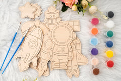 American Elm Set of 10 DIY Wooden Space Astronaut Painting Kit for Kids - Creative Wooden Toys DIY Craft Unfinished Space Figures DIY Wooden Crafts for Kids Art