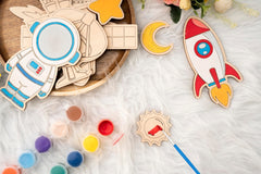 American Elm Set of 10 DIY Wooden Space Astronaut Painting Kit for Kids - Creative Wooden Toys DIY Craft Unfinished Space Figures DIY Wooden Crafts for Kids Art