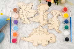 American Elm Set of 10 DIY Wooden Unfinished Dinosaur Painting Kit for Kids - Creative Dinosaur & Landscape Craft Set with Brushes & Colors - DIY Paint Set for Kids