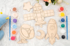 American Elm Set of 10 DIY Wooden Space Astronaut Painting Kit for Kids - Creative Wooden Toys DIY Craft Unfinished Space Figures DIY Wooden Crafts for Kids Art