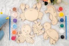 American Elm Set of 10 DIY Wooden Unfinished Sea Animals Coloring Set for Kids - Creative DIY Paint Kit with Brushes & Colors - Educational Wooden Toys for Kids Craft Activities
