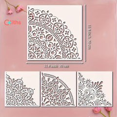 Decorative stencils with intricate patterns on a pink background, featuring the brand 'Cliths'.