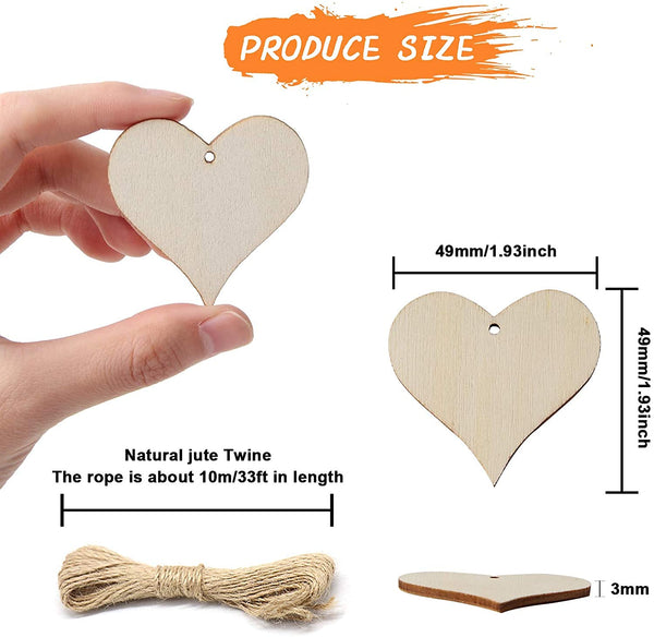 50pcs Unfinished Wooden Heart Ornaments Wooden Love Heart Hanging  Embellishment Tags for Wedding Party Crafts Decorations