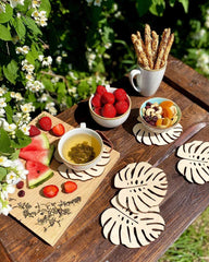 AmericanElm Wood Coasters Set of 5 Laser Cut Coasters Monstera Leaf for table décor
