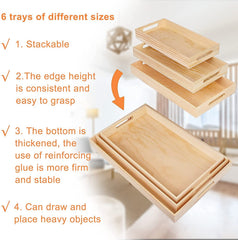 AmericanElm Set of 6 Pcs Wooden Serving Trays - Unfinished Wooden Decorative Trays with Handles