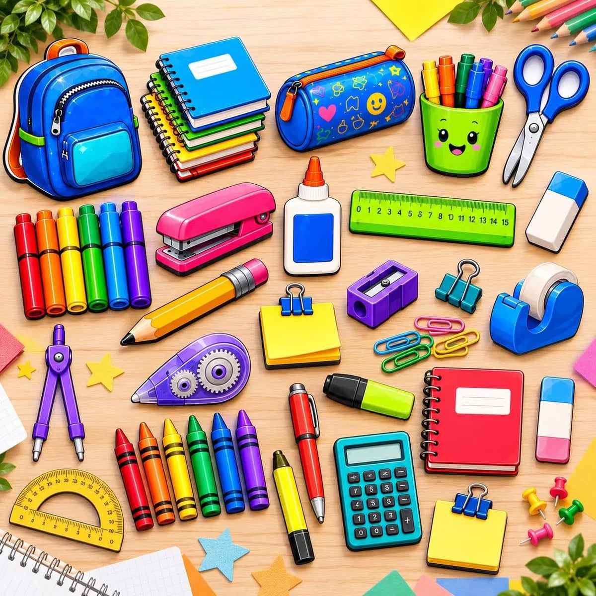 Pack of 28 School Supplies Themed Printed MDF Cutouts for Classroom Decoration and Kids Room Decor Backpack Books Pencil Design Ready to Use American Elm