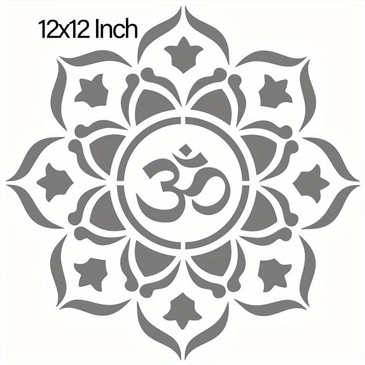 Decorative stencil with Om symbol and floral design, 12x12 inch size.