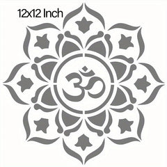 Decorative stencil with Om symbol and floral design, 12x12 inch size.