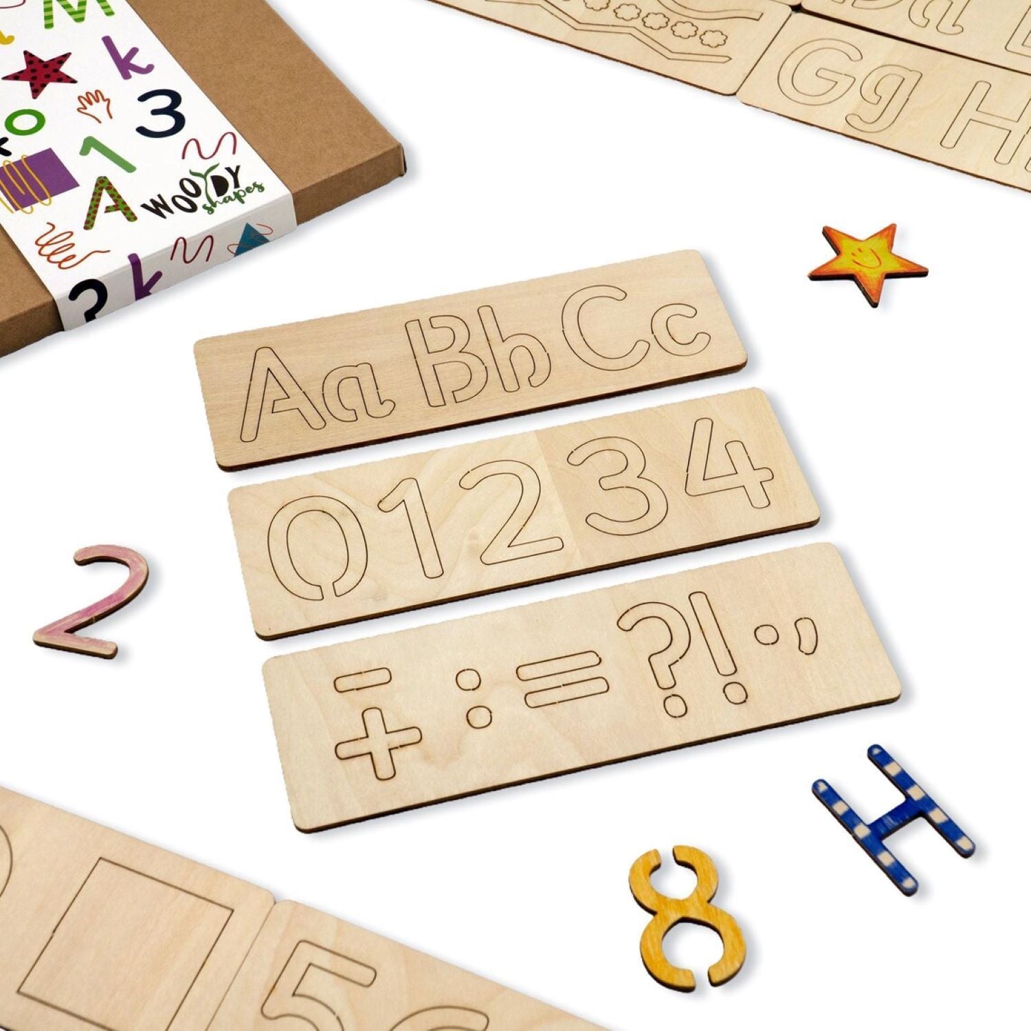 alphabet numbers wooden stencil set