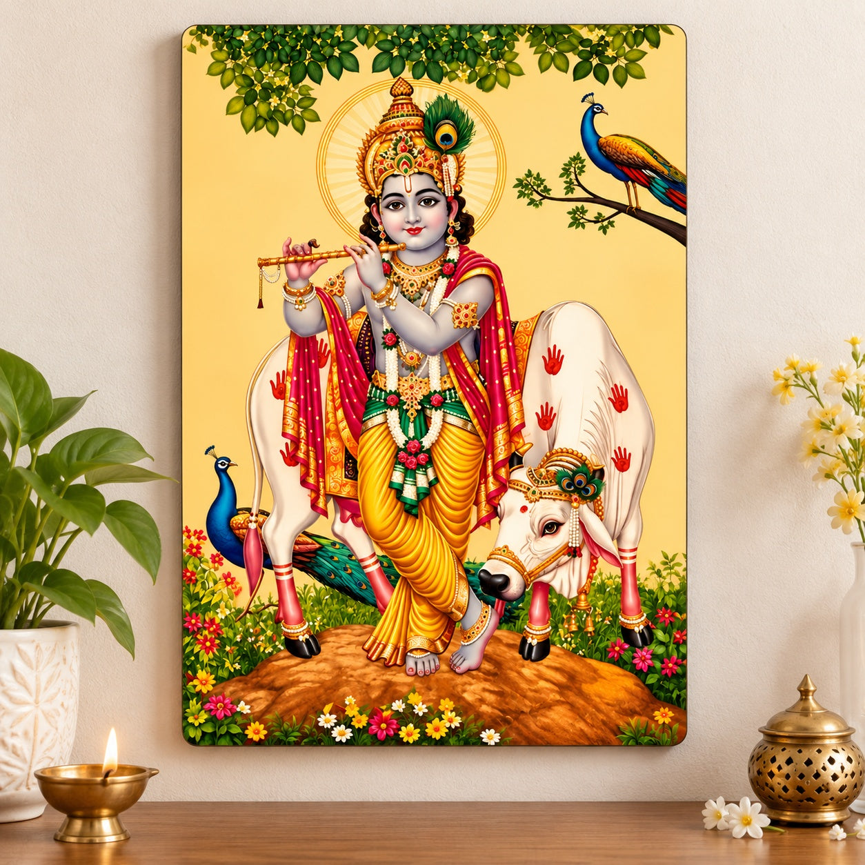 Lord Krishna wall art painting with cow and peacock