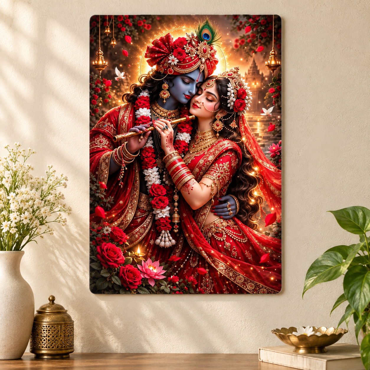 Radha Krishna floral wall art painting