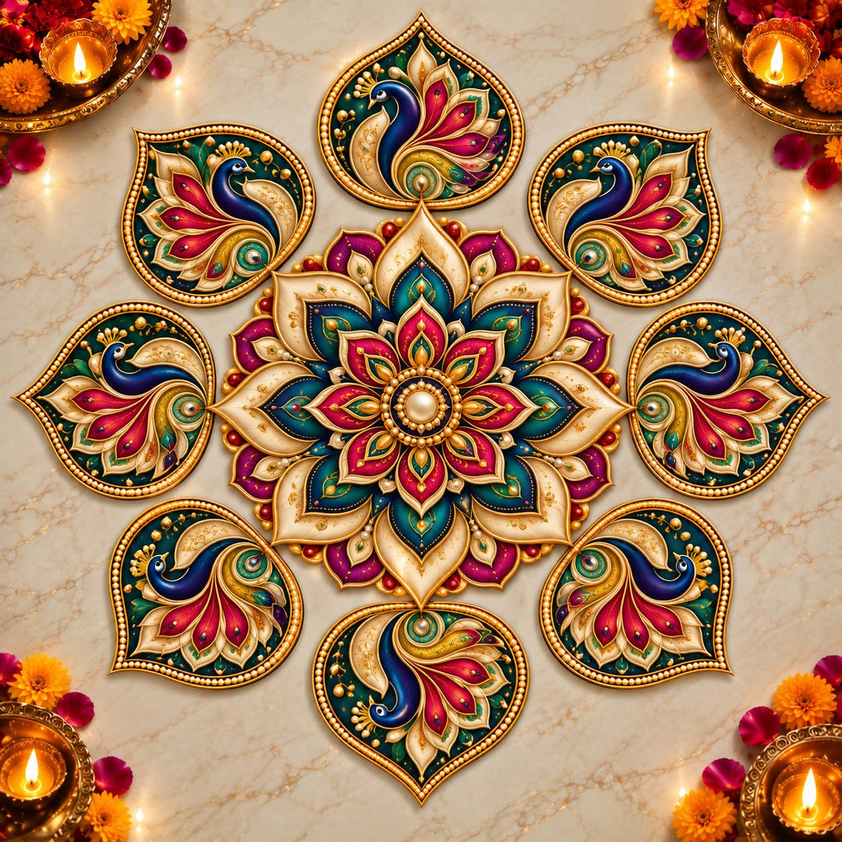 Peacock mandala rangoli decoration set