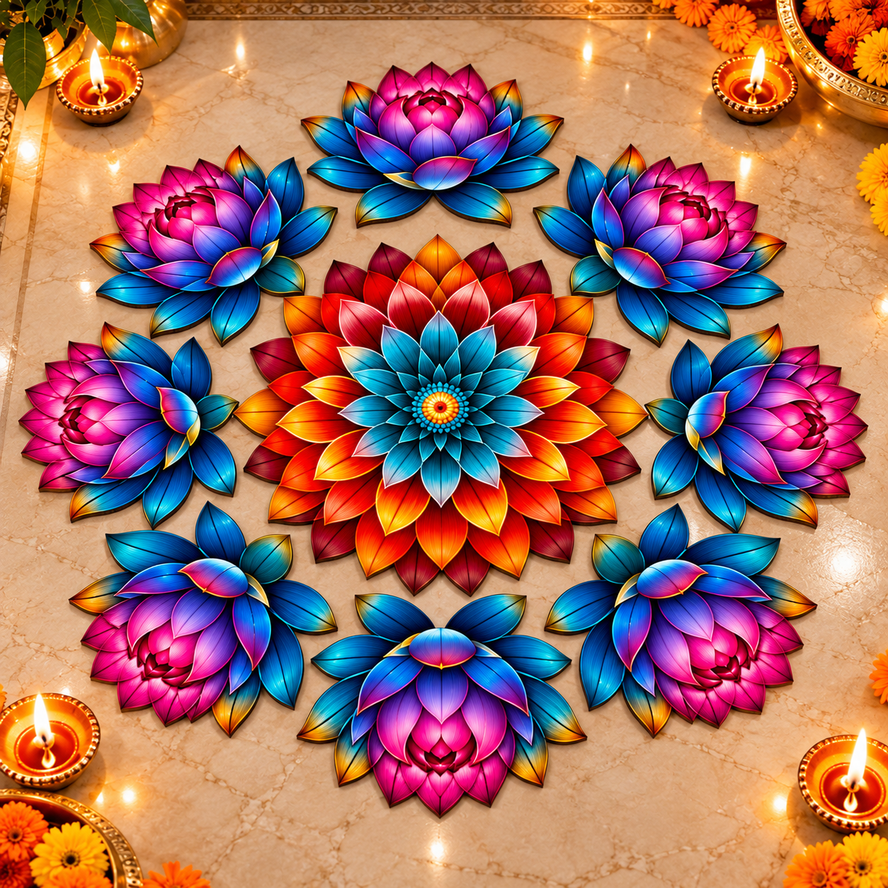 Lotus rangoli floor decor set of 9 pieces