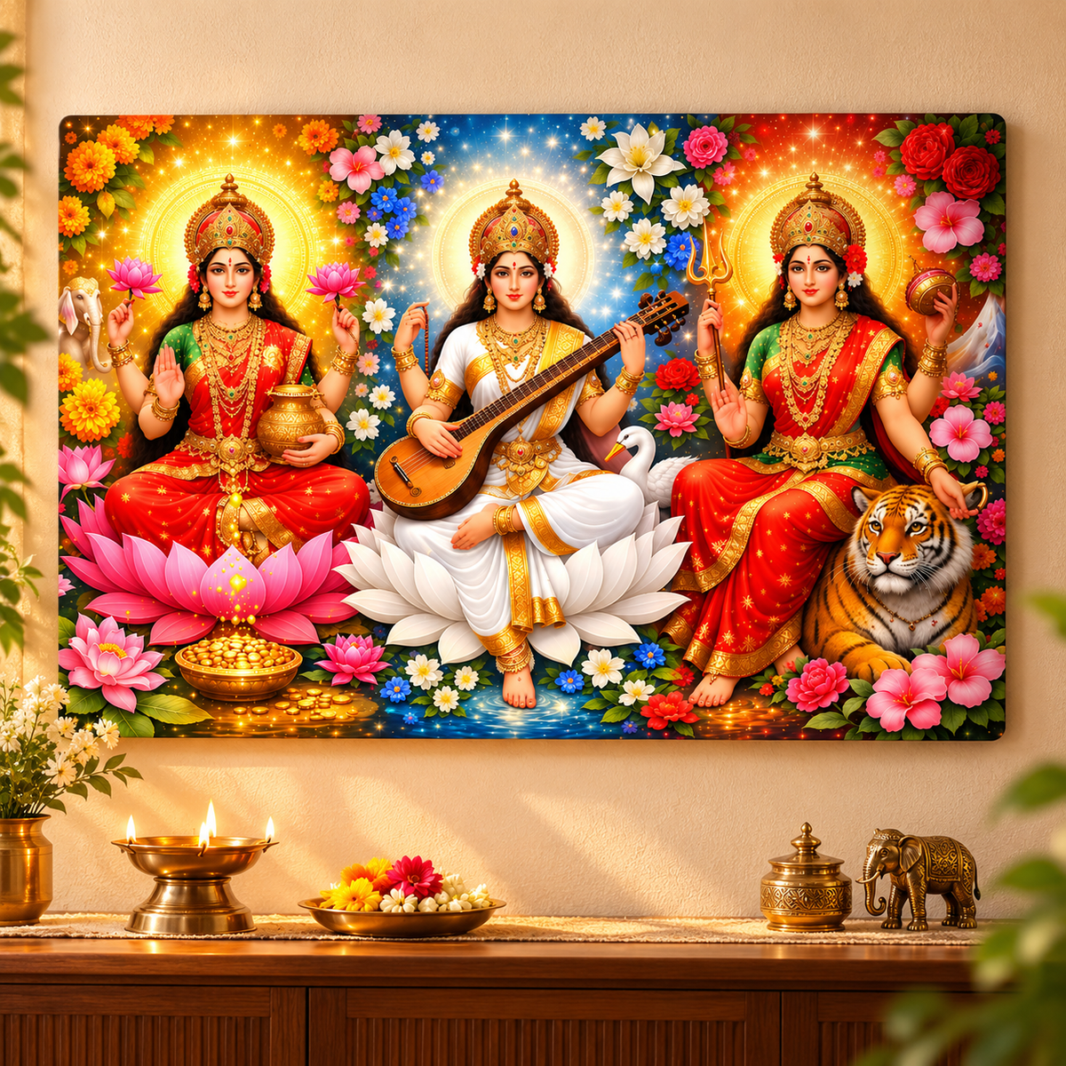 Tridevi Lakshmi Saraswati Durga wall decor