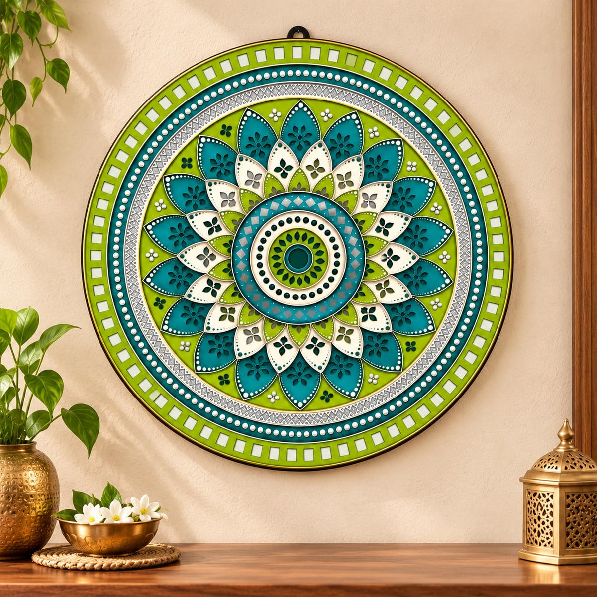 Green Teal Mandala Wall Art for Living Room Decor