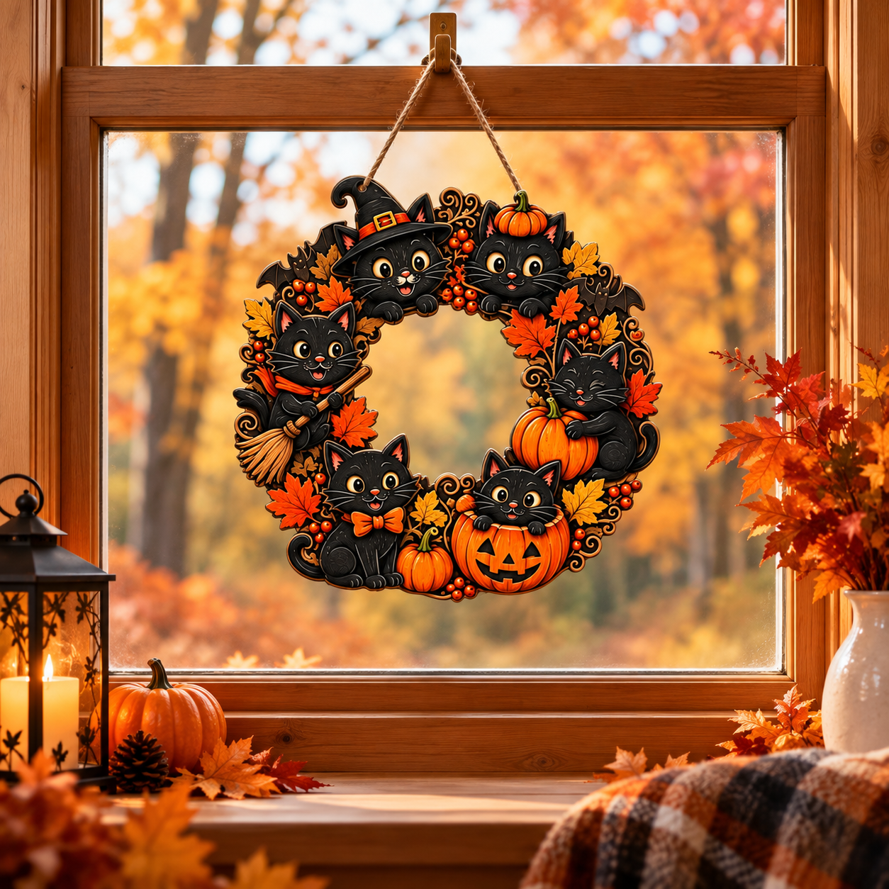Halloween black cat wreath wooden decor