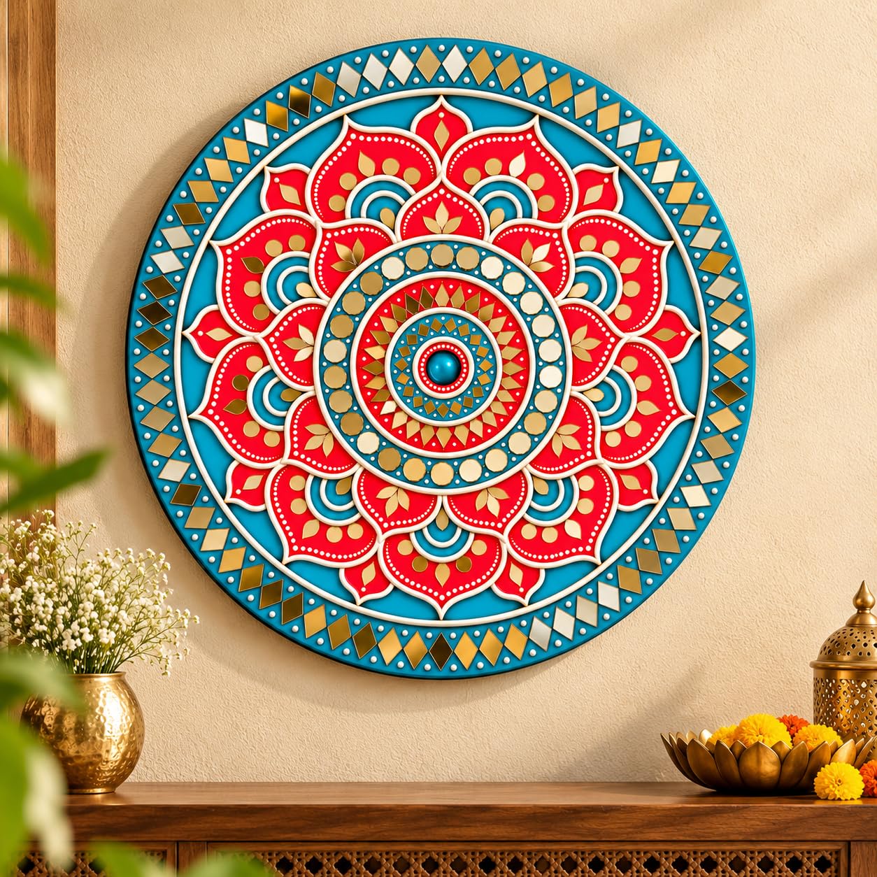 Red Blue Mandala Wall Art for Living Room Decor