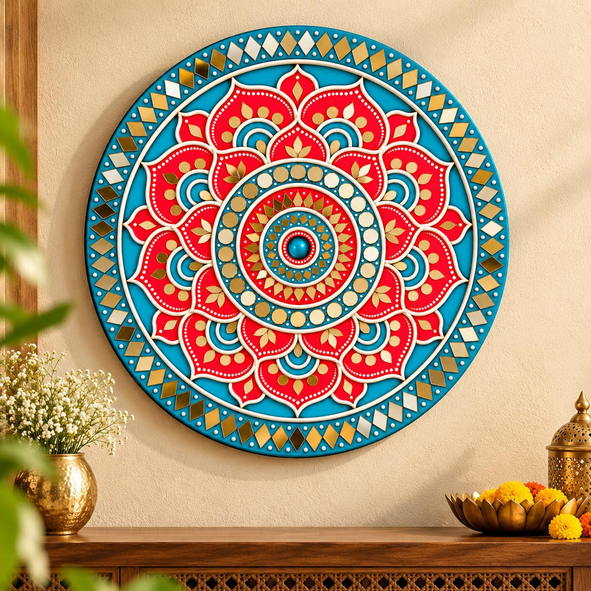 Red Blue Mandala Wall Art for Living Room Decor