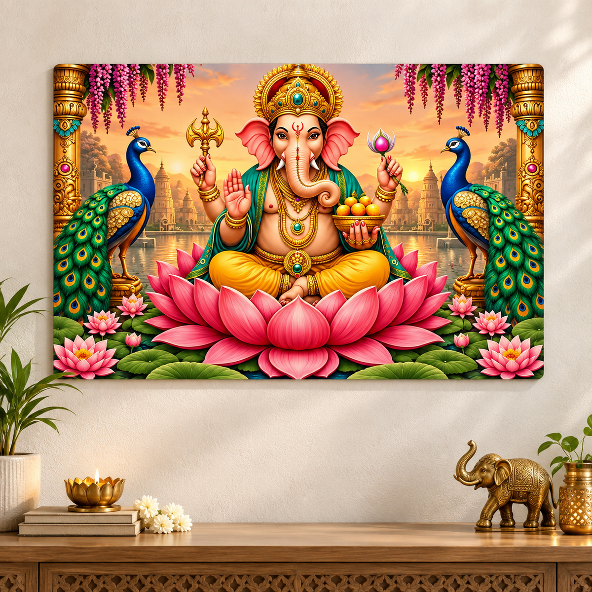 Lord Ganesha peacock lotus wall art painting