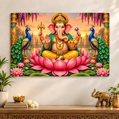 Lord Ganesha peacock lotus wall art painting